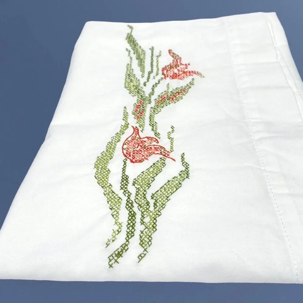 Vtg Bucilla Cross Stitch Pillow Case Flowers Embroidered Floral Pillowcase Cover
